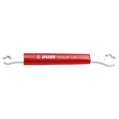 Unior 1635/2P-US double-ended Mavic spoke wrench for R-sys wheels, red-coated handle with shaped sockets at each end