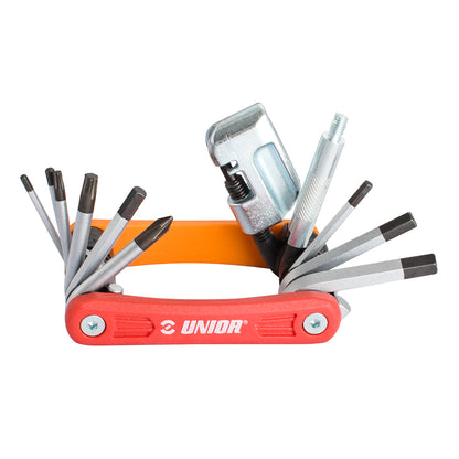 Unior Multitool EURO13 1655EURO13-US folded open, 13 bicycle tools fanned from red and orange plastic body