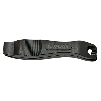 Unior 1657 tire levers in black, pair of moulded plastic levers with spoke-hook end and grip-ribbed shaft