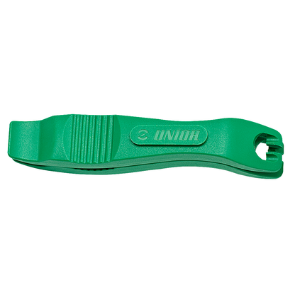 Unior 1657 tire levers in green, pair of moulded plastic levers with spoke-hook end and grip-ribbed shaft