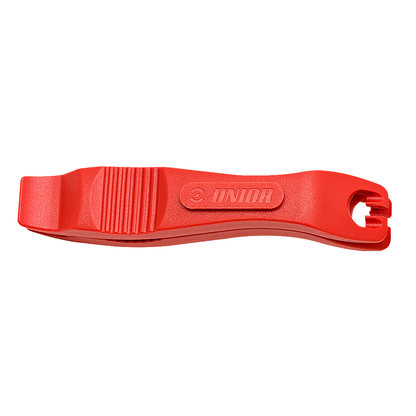 Unior 1657 tire levers in red, pair of moulded plastic levers with spoke-hook end and grip-ribbed shaft