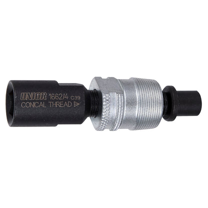 Unior square taper crank puller 1662/4, conical-thread driver body with knurled spindle and removable socket cap