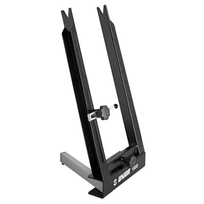Unior Portable Truing Stand 1688, black folding tabletop wheel stand with adjustable spoke-tension indicator knob