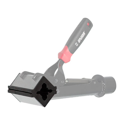 Unior 57.2 mm replacement clamp jaw covers shown installed on a Master Shop repair-stand clamp body