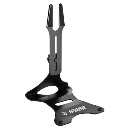 Unior Bicycle Display Stand 1693H, black stainless-steel floor stand with rubber-lined rear-axle slot and height-plus-angle adjustment