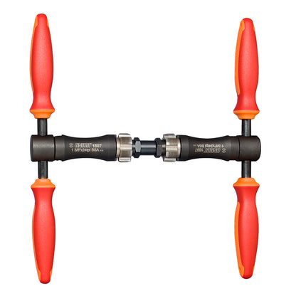 Unior 1697 BSA bottom bracket tap set assembled with twin red handles, 1 3/8"x24tpi cutters joined by guide bar