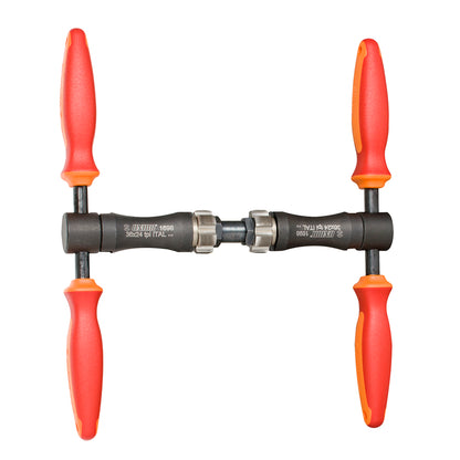 Unior 1698 Italian bottom bracket tap set assembled with twin red handles, 36x24 tpi cutters joined by guide bar
