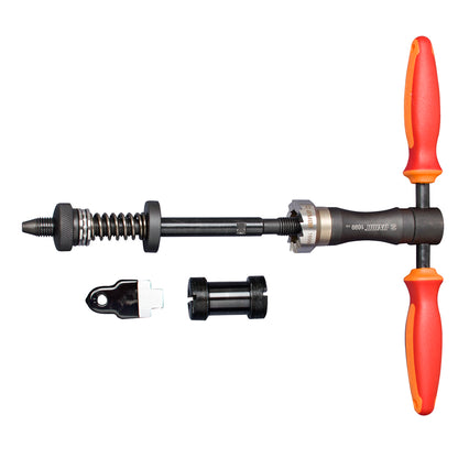 Unior Bottom Bracket Facing Tool 1699, T-handle facer with spring-loaded cutter head and guide adapters