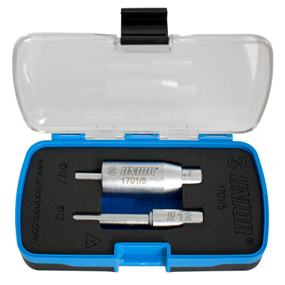 Unior 1701/5 rear shock bushing extractor set in case, two pins for Ø12 and Ø12.7 mm bushings on bicycle suspension