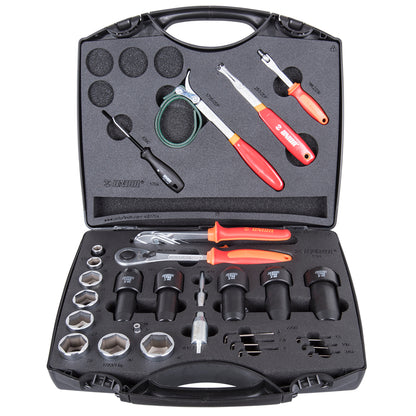 Unior Suspension Service Set 1704 open case with ratchet, sockets, strap wrench and fork-cap pliers in foam