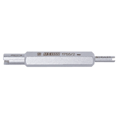 Unior Valve Core Tool 1755/2, dual-end bicycle valve core remover stamped Presta on one end and Schrader on the other