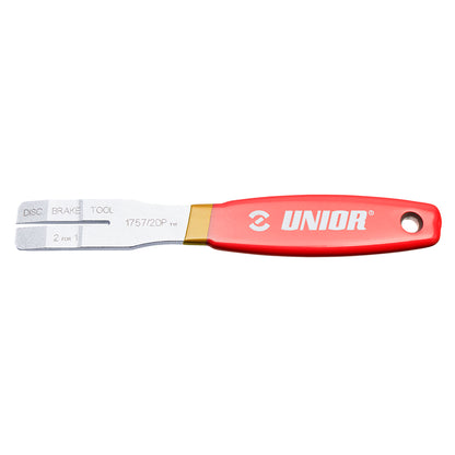 Unior 2-in-1 Disc Brake Tool 1757/2DP, stamped steel pad spreader and rotor truing fork with red handle
