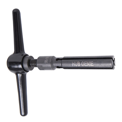 Unior Hub Genie 1758/4 thru-axle hub end-cap puller: black T-handle with an expanding steel collet that grips the end cap from the inside.