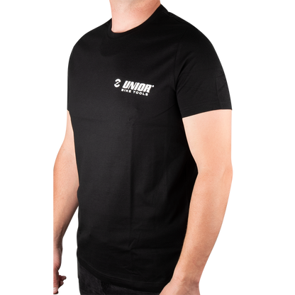 Unior Bike Tools Euro t-shirt in black worn by a male model, white Unior Bike Tools chest logo