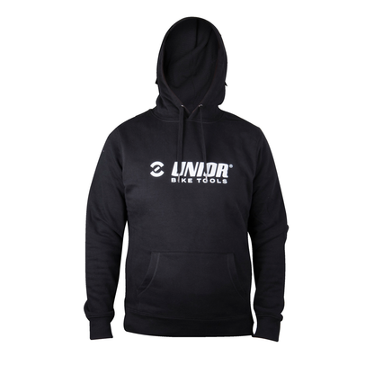 Unior Bike Tools pullover hoodie in black with the Unior Bike Tools logo printed across the chest
