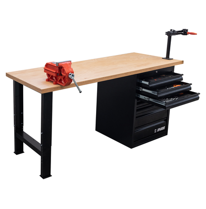 Unior 2600D-US Suspension Workbench, hardwood-top bench with red vise, fork clamp and three-drawer tool cabinet