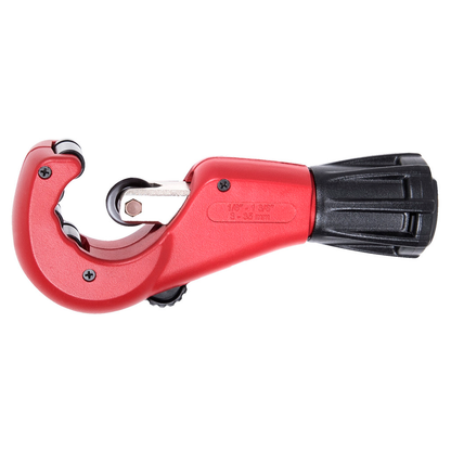 Unior Tube Cutter 360/6A, red-bodied hand cutter with adjustment knob for 1/8 to 1 3/8 inch tubing on bicycle frames