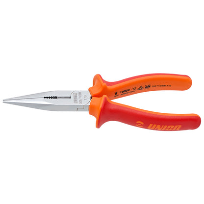 Unior VDE-insulated long needle nose pliers 508/1VDEBI 170 mm, serrated jaws and 1000-volt rated red and orange grip