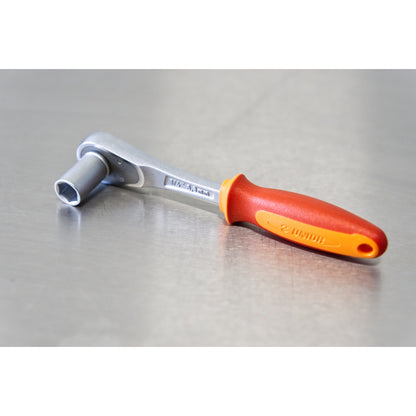 Unior 1/4-inch ratcheting T-handle close-up, marked 1/4 inch 6.8 mm with red and orange Bi-grip handle