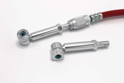 PrestaCycle Disc Wheel Mini Presta Head adapters, angled chrome air chucks with knurled knobs for tight clearance