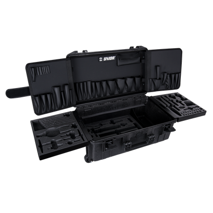 Unior Master Kit empty tool case 970MASTERKIT, hard-shell rolling case open to show foam tool inserts