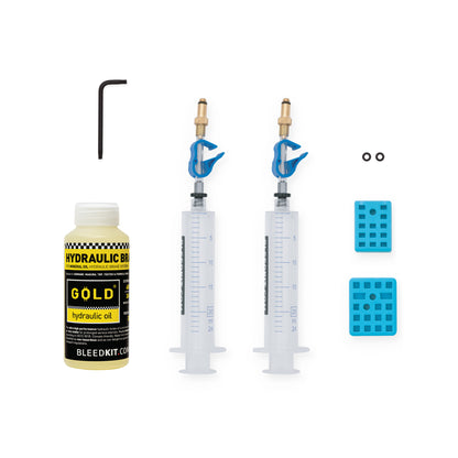 Bleedkit Premium Gold kit for Formula Cura brakes, Gold mineral oil 100 ml bottle, two 20 ml syringes and blue pad spacers