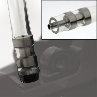 Bleedkit syringe nozzle close-up with stainless tip and green O-ring seal for Shimano caliper port