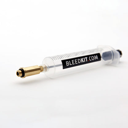 Bleedkit syringe with brass nozzle, O-ring seal, and graduated barrel for Shimano hydraulic disc brake bleed