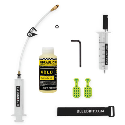 Bleedkit Premium Gold Magura MT kit, syringes, hose, Gold mineral oil, green Type 5 pad spacers, allen key and strap