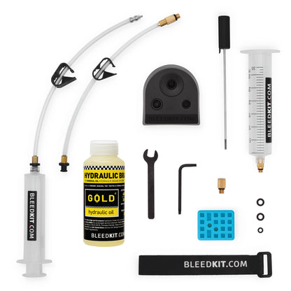 Bleedkit Premium Gold TRP and Tektro kit, two hoses, syringes, Gold mineral oil, bleed cup stand and pad spacer