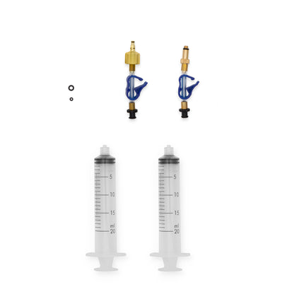 Bleedkit Basic Edge kit for SRAM hydraulic disc brakes, two brass lever-port fittings with blue clamps and 20 ml syringes