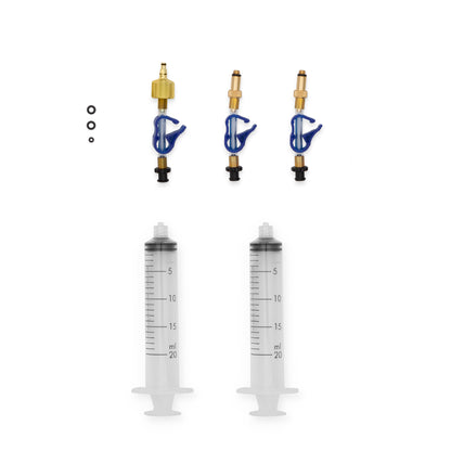 Bleedkit Basic kit for SRAM hydraulic disc brakes, three brass adapter fittings with blue clamps and two 20 ml syringes