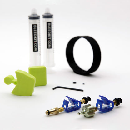 Bleedkit Premium Edge SRAM kit overview with Bleedkit syringes, green Type 1 and Type 2 pad spacers and hook-and-loop strap