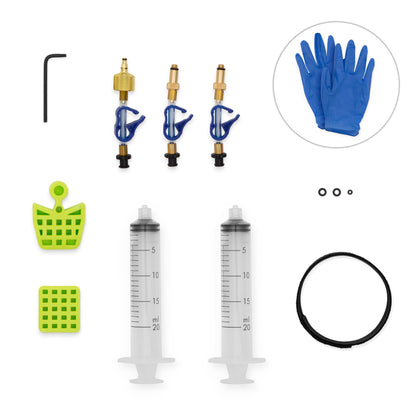 Bleedkit Ultimate kit for SRAM, two branded syringes, green piston spacers and three brass bleed-port fittings