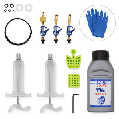 Bleedkit Workshop DOT bleed kit for SRAM hydraulic disc brakes, syringes, Liqui Moly DOT 5.1 fluid, gloves, and adapters