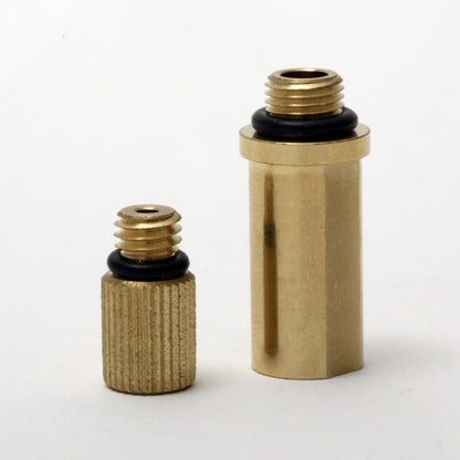 Two Bleedkit brass syringe adapter fittings of different lengths with O-ring seals for mineral-oil hydraulic brake bleeding