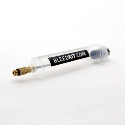 Bleedkit.com smaller workshop syringe with knurled brass adapter fitting for mineral-oil hydraulic disc brake bleed