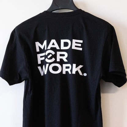 Made For Work tee shirt back close-up, large white Made For Work print with the Unior logo replacing the O in For
