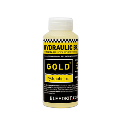 Bleedkit Gold mineral oil bottle, biodegradable hydraulic fluid for Shimano, Magura, TRP, Tektro, and Formula Cura brakes