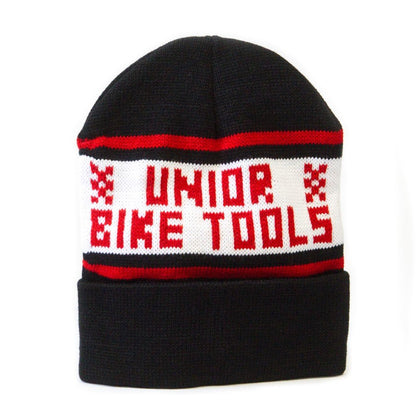 Unior Bike Tools knit cap, black beanie with red and white jacquard logo band and folded cuff