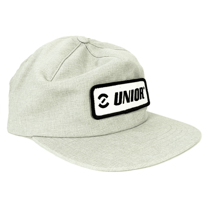 Unior Single Panel Strap Back Hat in heather grey with white Unior logo patch on the crown and flat brim
