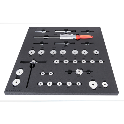Unior SET-2600E-US bearing service tray, foam-lined kit with slide-hammer bearing puller, threaded-spindle press with adaptors, and carbon protectors for bicycle cartridge bearings