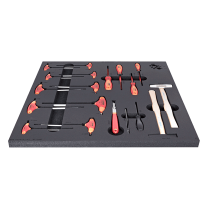 Unior 2600D-US foam tray with T-handle hex keys, screwdrivers and wood-handled mallets in cut-out slots