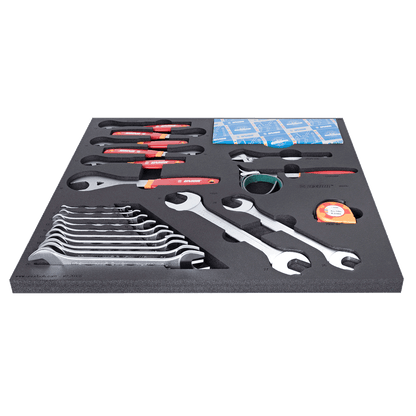 Unior 2600D-US foam tray with combination wrenches, hex bits, pin spanner and small screwdrivers in cut-outs