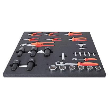 Unior 2600D-US foam tray with pliers, ratchet, bottom-bracket sockets and hex sockets in cut-out slots